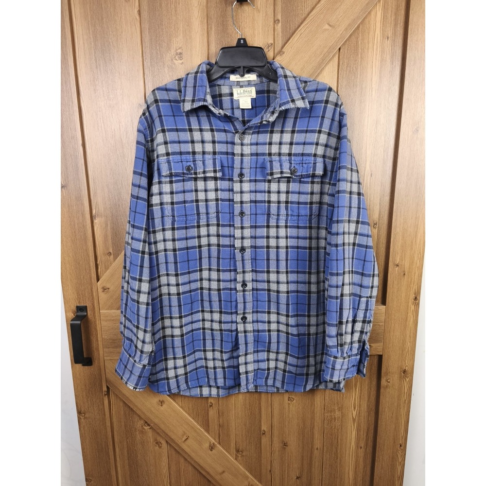 L.L.Bean Chamois Cloth Plaid Flannel Shirt Mens Large Blue
